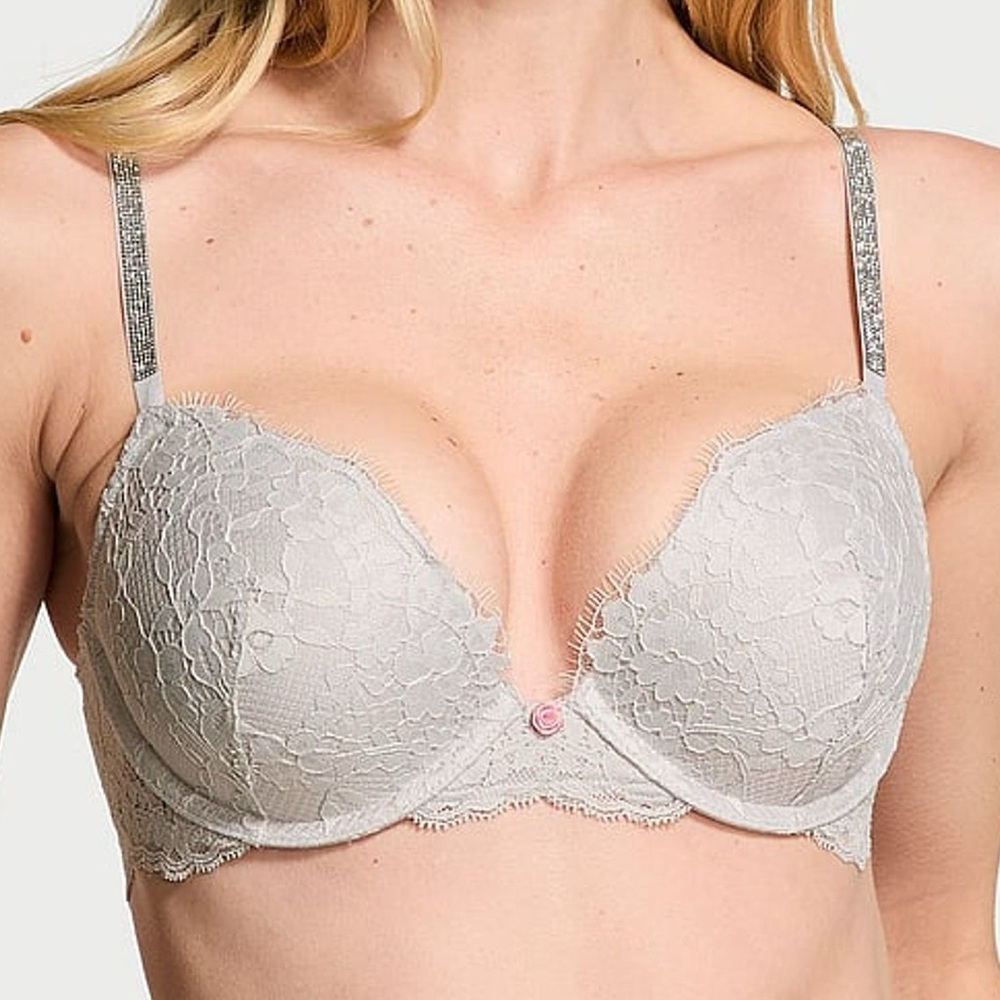 New Victoria’s Secret DREAM ANGELS Twinkle Strap Lace Push-Up Bra Silver Pearl